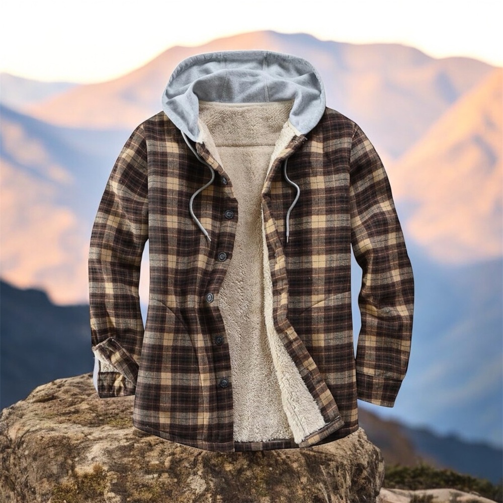 Men's Brown Plaid Sherpa-Lined Hooded Jacket